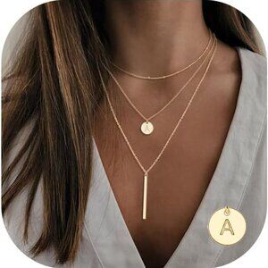 Gold Initial Layered Necklaces for Women, 14K Gold Plated Coin Letter Necklace B